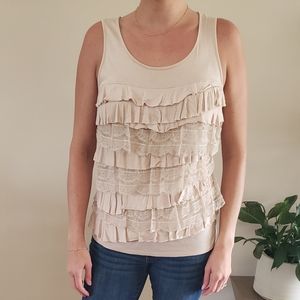 Ann Taylor ruffled and lace cream tank top, size medium
